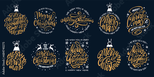 Merry Christmas and Happy New Year typography collection. Holiday related lettering templates for greeting cards, overlays. The most wonderful time. Season greetings. Vector vintage illustration.