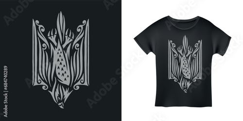 Coat of arms of Ukraine. Ukrainian national emblem trident tryzub crest stylized in form of falcon. Patriotic ukrainian t-shirt design. Hand drawn vector illustraion.