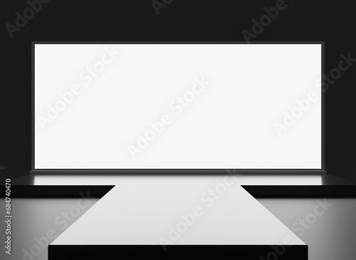Modern stage with blank white wide screen display. Large LED of a stage mockup. 3D rendering