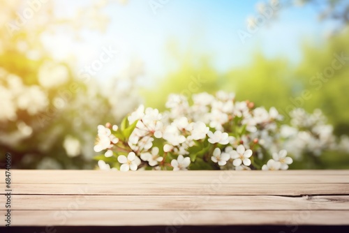 Bright image of empty wooden tabletop with blurred spring background