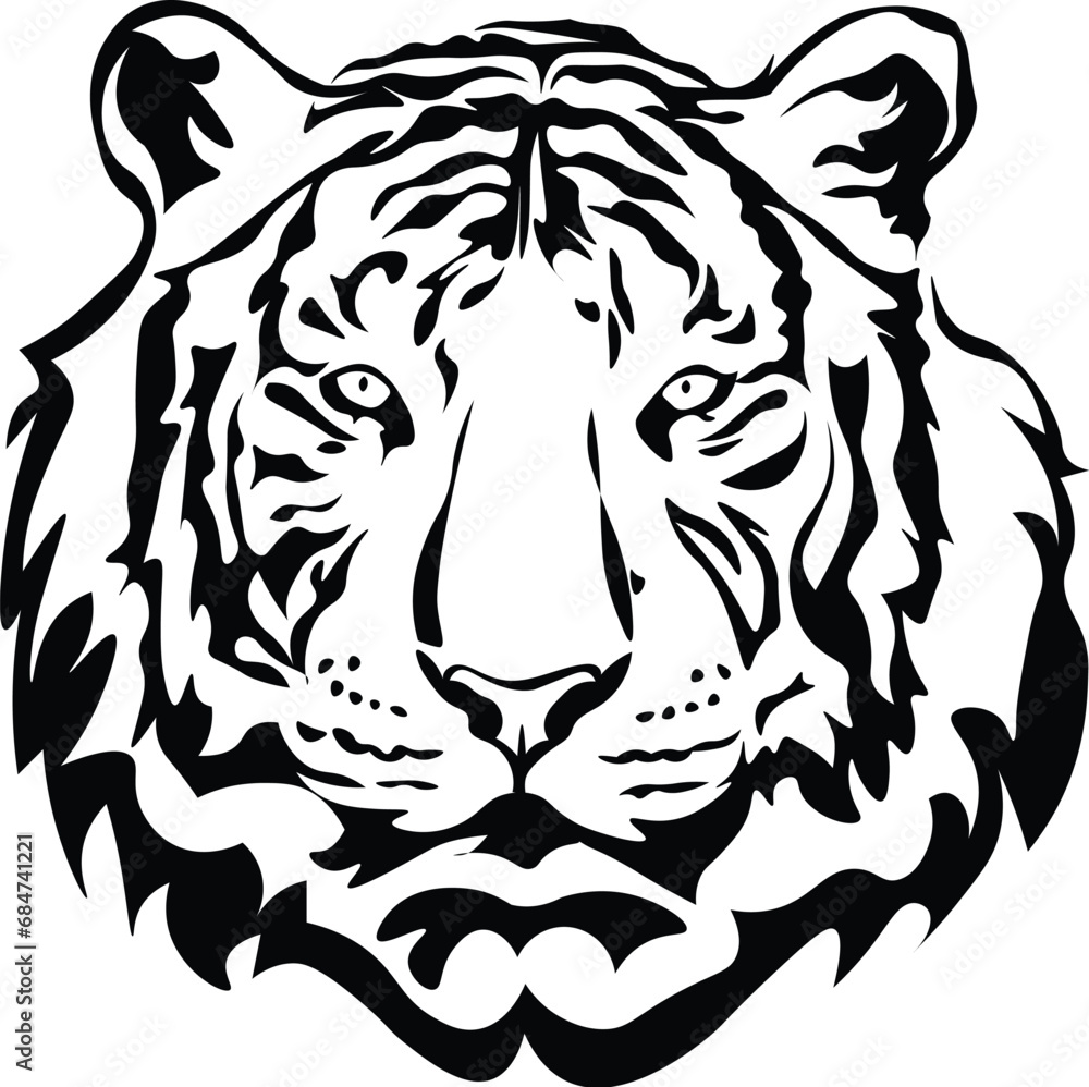 Cartoon Black and White Isolated Illustration Vector Of A Tigers Head