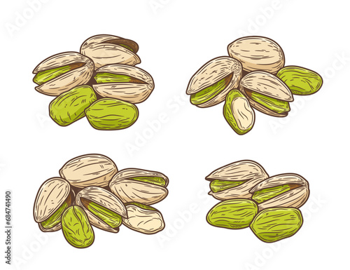 Vector pistachio hand-drawn colorful illustrations, pistachio kernels and shells