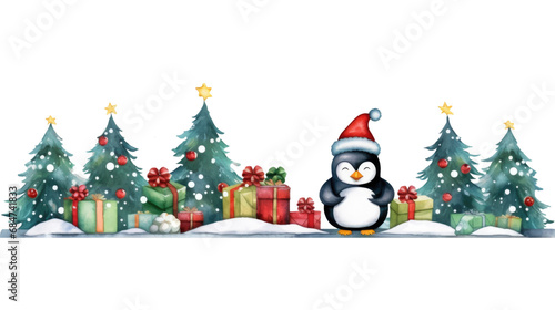watercolor Pinguins in christmas forest, png photo