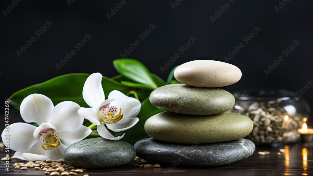 spa composition with massage stones and white orchid flowers spa composition with massage stones and white orchid flowers