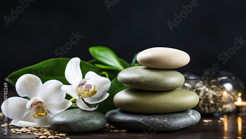 spa composition with massage stones and white orchid flowers