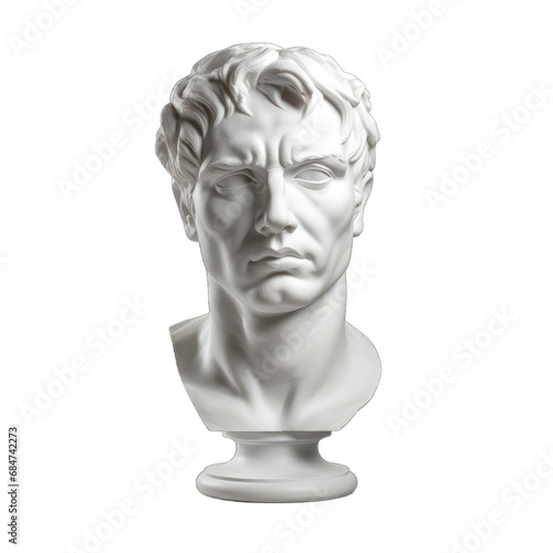 Bust, white plaster statue head isolated on transparent and white background. PNG transparent