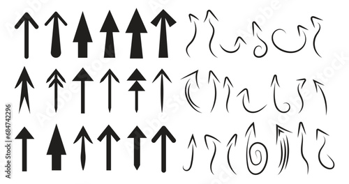 Bold Arrows and Curvy Hand drawn Arrows Collection Isolated Thick Cursor Arrows Set in Black Vector Illustration up down left right arrowhead