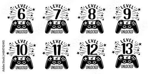 Level unlocked kid birthday t-shirt print set. Gamepad joystick with child age from 6 to 13 years. Hand drawn vector illustration.