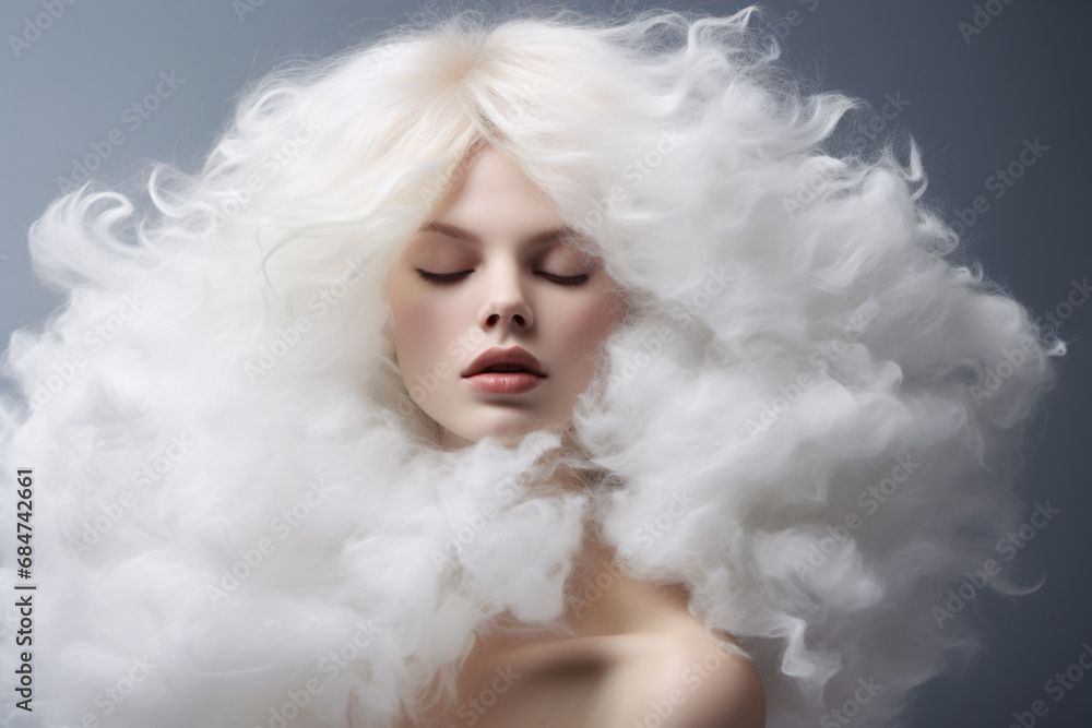 Portrait of beautiful woman with white fluffy cloud-like hair and closed eyes