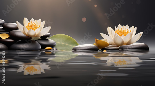 Lotus flowers and pebble stones on water reflection surface  for spa and relaxation backgrounds 