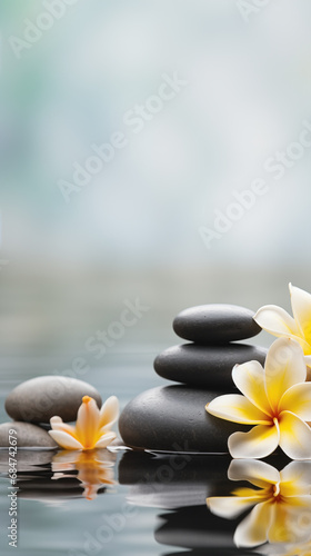 Plumeria flowers and pebble stones on water reflection surface  for spa and relaxation backgrounds 