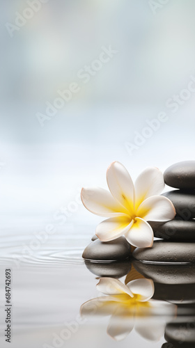 Plumeria flowers and pebble stones on water reflection surface for spa and relaxation backgrounds 