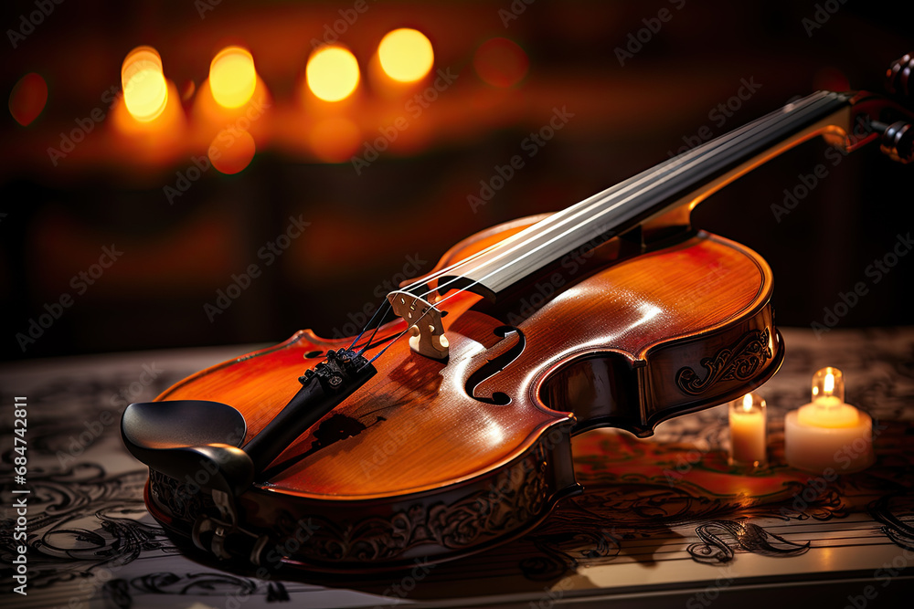 Fototapeta premium A violin sitting on top of a table next to candles created with generative AI technology