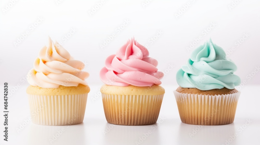 A trio of pastel-colored cupcakes, arranged in a neat row, set against a clean white backdrop.
