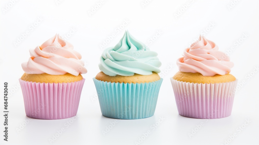A trio of pastel-colored cupcakes, arranged in a neat row, set against a clean white backdrop.