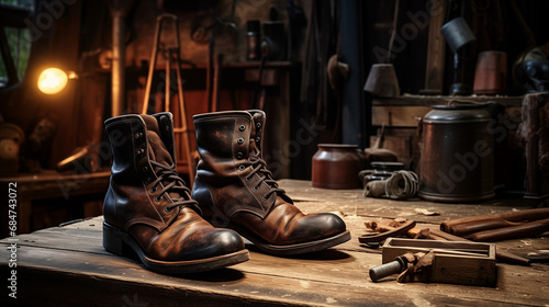 old leather boots on a wooden table, against the backdrop of a workshop