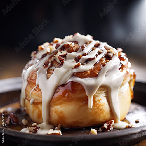 A cinnamon bun with cream and pecans on a plate in a restaurant served with sweet icing.