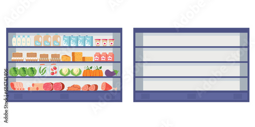 Food grocery product refrigerator empty and full concept. Vector cartoon graphic design element illustration
