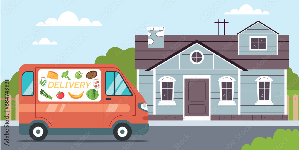 Food delivery truck van near door house address concept. Vector graphic design illustration 
