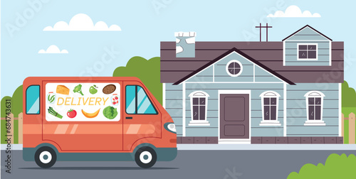 Food delivery truck van near door house address concept. Vector graphic design illustration 
