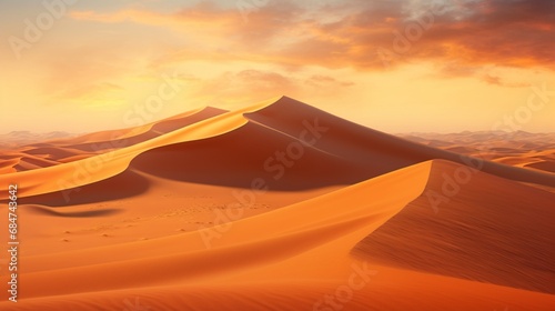 A vast desert, its sand dunes painted golden by the setting sun.