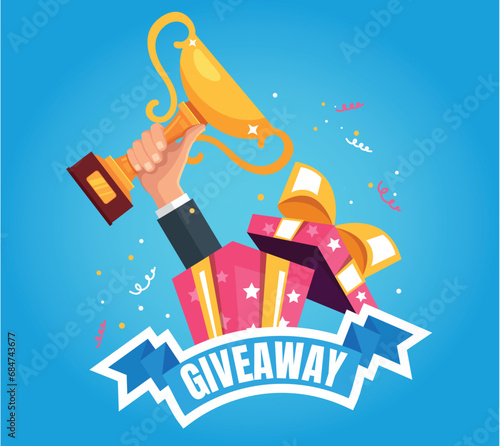 Giveaway gift box with hand winner golden cup award concept. Vector graphic design illustration 