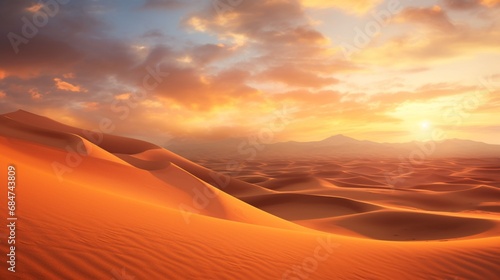 A vast desert, its sand dunes painted golden by the setting sun.