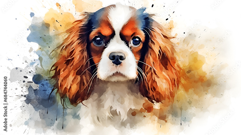 watercolor portrait tricolor cute cavalier king charles spaniel puppy - obrazy, fototapety, plakaty 