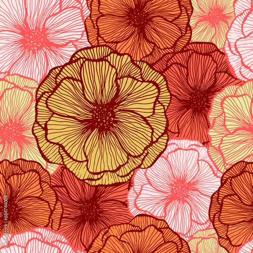 Poppy flower doodle floral vector seamless pattern summer fabric print design. Line texture petals