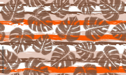 Monstera plant leaves floral seamless rapport over stripes background.