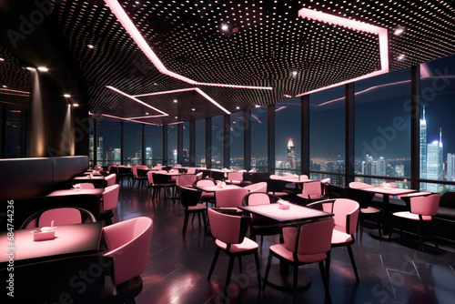 Soft pink restaurant space soft pink floor, perforated black wall and ceiling with lighting behind, view over city , Generative Ai © Zatiago
