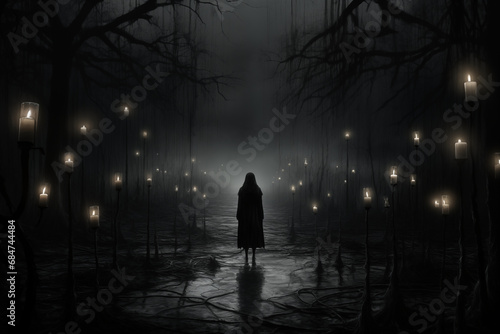 silhouette of horror girl in muddy forest with path of candles  © Reischi