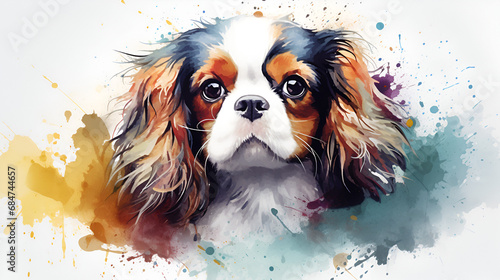 Canvas Print watercolor portrait tricolor cute cavalier king charles spaniel puppy