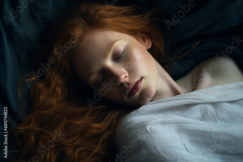 Pretty ginger woman sleeping in soft dark blue bed