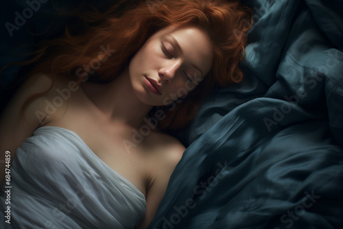 Pretty ginger woman sleeping in soft dark blue bed