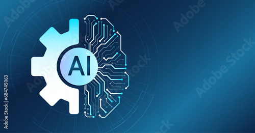 Gear and circuit board in the form of a human brain on a blue background. Data analysis, neural network. Artificial intelligence vector illustration. Technology background template.