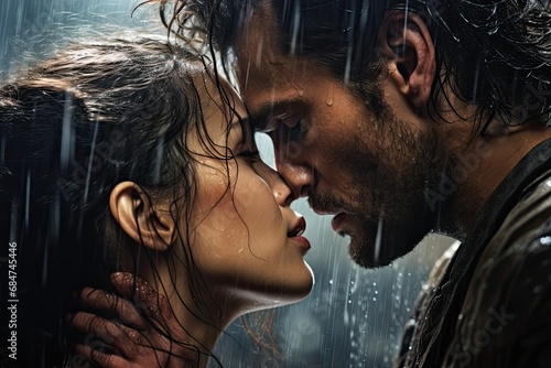 A girl and a guy kiss and hug in a heavy rain. Cinematic light.