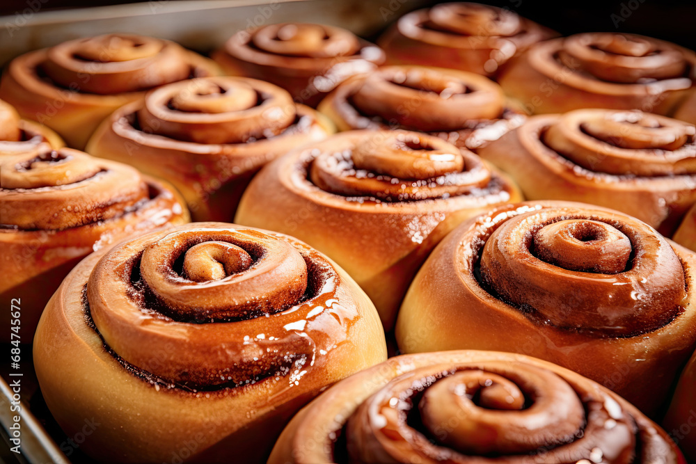 Fototapeta premium Cinnamon rolls on a tray are dressed with cinnamon sugar.