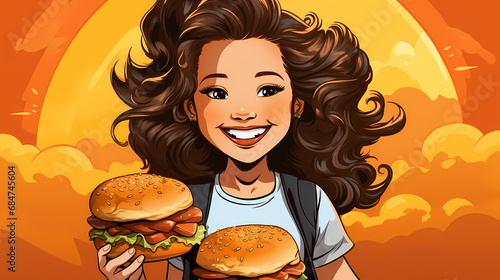 Little girl eating delicious sandwich burger cartoon illustration