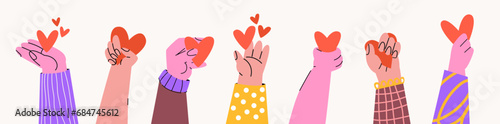 Hands hold hearts. Cartoon set of hands Valentine's Day, love, care, charity, help.Take care of yourself protection and kindness vector illustration