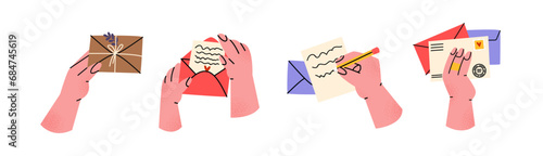 Hands write and send a letter. Hands hold envelopes, notes, documents, gifts. Male and female hands mail delivery set