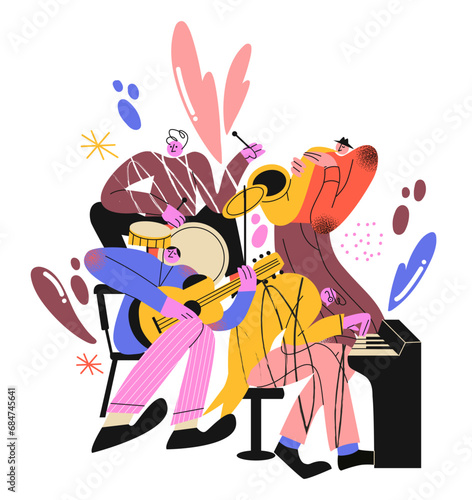 Cartoon retro music characters in 90s style. people playing musical instruments.Rock music band vector illustration