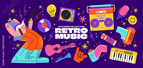 Set cartoon disco stickers in retro style. Vintage record players, vinyl, musical instruments, rocker character. Hippie groovy music shapes