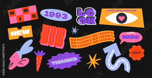 Collection acid patches, stickers,labels, tags in 90s style y2k. Funky hipster groovy retrowave acid shapes	