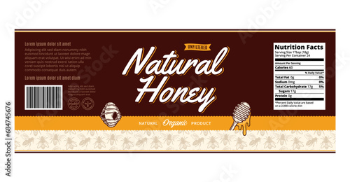 Honey label or packaging design template with bees, beehive and dipper