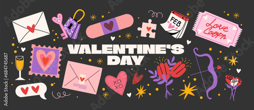 Cartoon stickers for St. Valentine's Day on February 14 in retro 90s style. Romantic elements, love envelope, hearts,love, gifts. Vector shapes set.