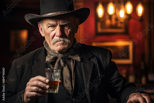 Old worn cowboy in a saloon holding a glass of whiskey - old west - western cowboy - senior man - mustache photo