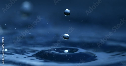 Super slow motion of dripping single drop of water is falling into liquid fluid surface splashing and making ripples filmed at 1000 fps. photo