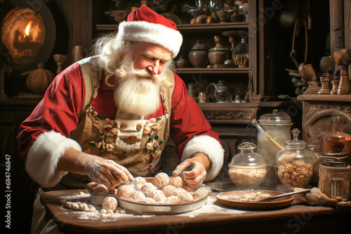 Santa Claus cooking Christmas cookies in Christmas kitchen, holiday decor , Generative Ai © Zatiago