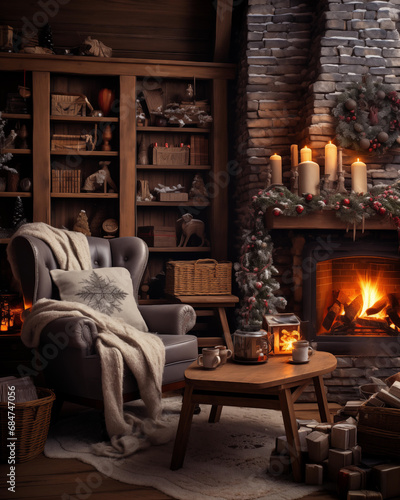 Cozy Home Christmas Decor, Christmas interior with fireplace